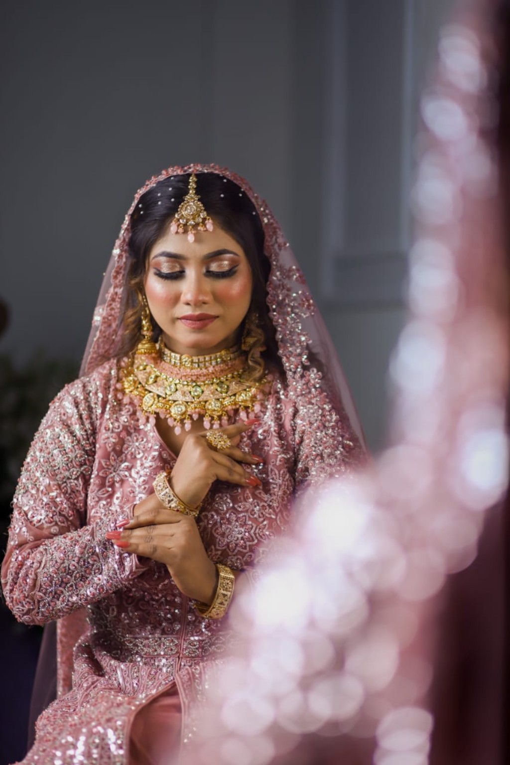 Bride portrait with foreground bokeh